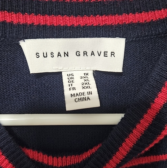 Susan Graver Striped Cotton Rayon Nylon Sweater (Navy/Red, Size 1X) A372460 B8 - Picture 3 of 5